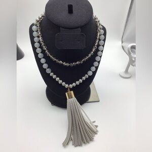 Gray Leather Tassel Necklace NWOT